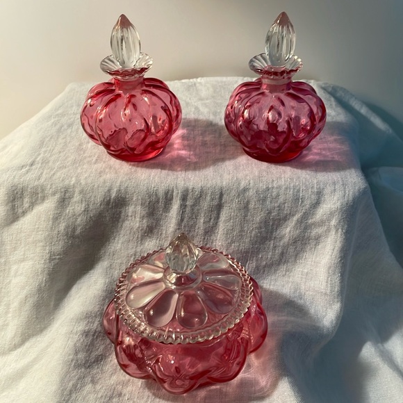 Fenton Other - Vintage Fenton Cranberry Glass Perfume bottles and Trinket Box Set